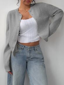 SHEIN BASICS 女款休閒純色圓領寬鬆短版長袖開襟針織外套，秋季輕便外套，教師節辦公室日穿淺灰色 - 灰色 - 查看 6