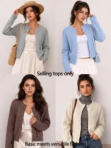 SHEIN BASICS 女款休閒純色圓領寬鬆短版長袖開襟針織外套，秋季輕便外套，教師節辦公室日穿淺灰色 - 灰色 - 查看 8