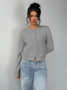 SHEIN BASICS 女款休閒純色圓領寬鬆短版長袖開襟針織外套，秋季輕便外套，教師節辦公室日穿淺灰色 - 灰色 - 查看 4