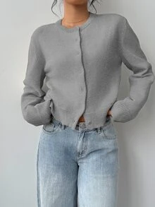 SHEIN BASICS 女款休閒純色圓領寬鬆短版長袖開襟針織外套，秋季輕便外套，教師節辦公室日穿淺灰色 - 灰色 - 查看 3