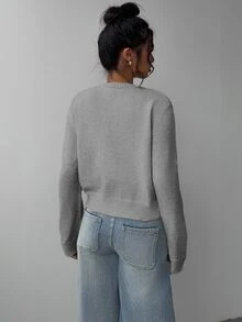 SHEIN BASICS 女款休閒純色圓領寬鬆短版長袖開襟針織外套，秋季輕便外套，教師節辦公室日穿淺灰色 - 灰色 - 查看 7
