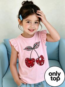 女嬰可愛荷葉袖 T-shirt 閃亮水鑽櫻桃圖案印花上衣 夏季休閒飄逸袖上衣 - 粉色 - 查看 3