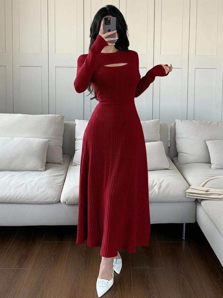 Feyla Gaun Wanita Polos Leher Bulat Lengan Panjang Kasual Panjang Sedang, Gaun Malam Panjang, Gaun Elegan untuk Wanita - Burgundy - View 1