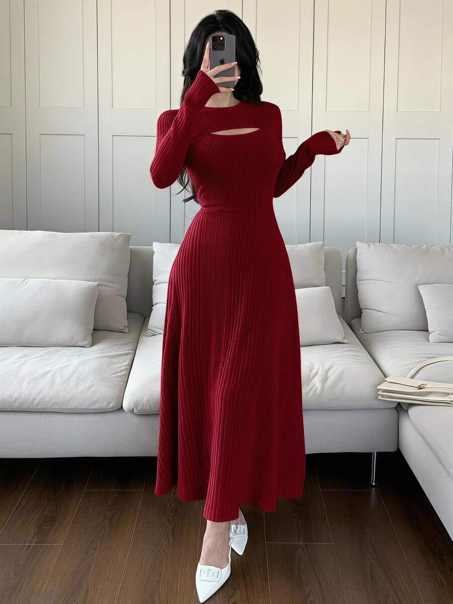 Feyla 女士纯色圆领长袖休闲中长连衣裙长款晚礼服 - 酒紅色 - 查看 1