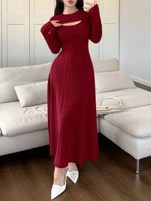Feyla 女士纯色圆领长袖休闲中长连衣裙长款晚礼服 - 酒紅色 - 查看 3