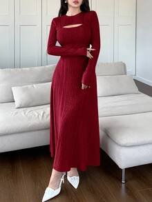 Feyla 女士纯色圆领长袖休闲中长连衣裙长款晚礼服 - 酒紅色 - 查看 4