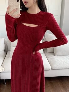 Feyla 女士纯色圆领长袖休闲中长连衣裙长款晚礼服 - 酒紅色 - 查看 2