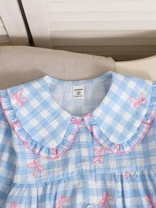 SHEIN Tween女孩蝴蝶結印花荷葉邊長袖上衣與長褲2件式睡衣套裝，彼得潘領泡泡袖開襟上衣＋荷葉邊長褲2件式居家服1套 - 藍色 - 查看 2