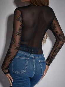 SHEIN Unity 女士镂空设计长袖蕾丝性感透视露脐上衣 - 黑色 - 查看 3