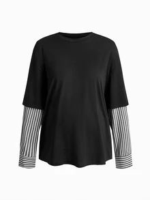 Modmama Kaos Hamil Lengan Panjang Leher Bulat Lengan Palsu Bergaris - MultiWarna - View 8