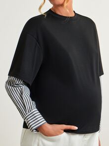 Modmama Kaos Hamil Lengan Panjang Leher Bulat Lengan Palsu Bergaris - MultiWarna - View 3