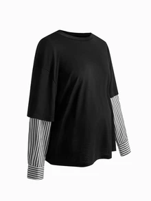 Modmama Kaos Hamil Lengan Panjang Leher Bulat Lengan Palsu Bergaris - MultiWarna - View 10