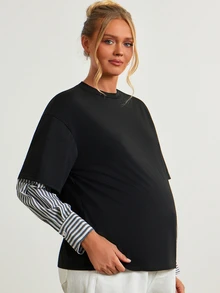 Modmama Kaos Hamil Lengan Panjang Leher Bulat Lengan Palsu Bergaris - MultiWarna - View 1