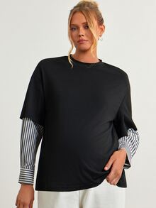 Modmama Kaos Hamil Lengan Panjang Leher Bulat Lengan Palsu Bergaris - MultiWarna - View 2