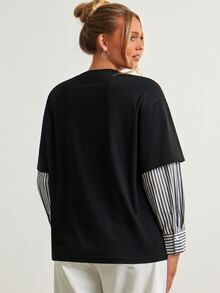 Modmama Kaos Hamil Lengan Panjang Leher Bulat Lengan Palsu Bergaris - MultiWarna - View 4