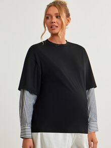 Modmama Kaos Hamil Lengan Panjang Leher Bulat Lengan Palsu Bergaris - MultiWarna - View 5