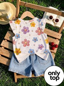Kaos Bayi Perempuan Kerah Bulat Lengan Flutter dengan Aksen Bunga 3D dan Hiasan Mutiara, Atasan Musim Panas Lucu - Berwarna merah muda - View 2