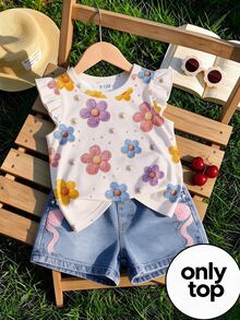 Kaos Bayi Perempuan Kerah Bulat Lengan Flutter dengan Aksen Bunga 3D dan Hiasan Mutiara, Atasan Musim Panas Lucu - Berwarna merah muda - View 1