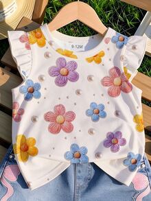 Kaos Bayi Perempuan Kerah Bulat Lengan Flutter dengan Aksen Bunga 3D dan Hiasan Mutiara, Atasan Musim Panas Lucu - Berwarna merah muda - View 4