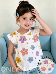 Kaos Bayi Perempuan Kerah Bulat Lengan Flutter dengan Aksen Bunga 3D dan Hiasan Mutiara, Atasan Musim Panas Lucu - Berwarna merah muda - View 3