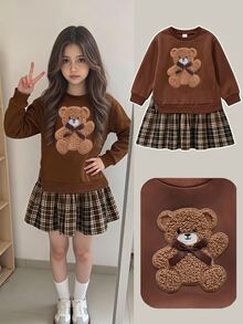 SHEIN Elladie kids Tween女孩2合1甜美學院風套裝，棕色泰迪熊蝴蝶結拼接印花衛衣與格紋百褶迷你裙套裝，可愛格紋荷葉邊飾，復古開學秋/冬季穿搭，大學風 - 彩色 - 查看 1