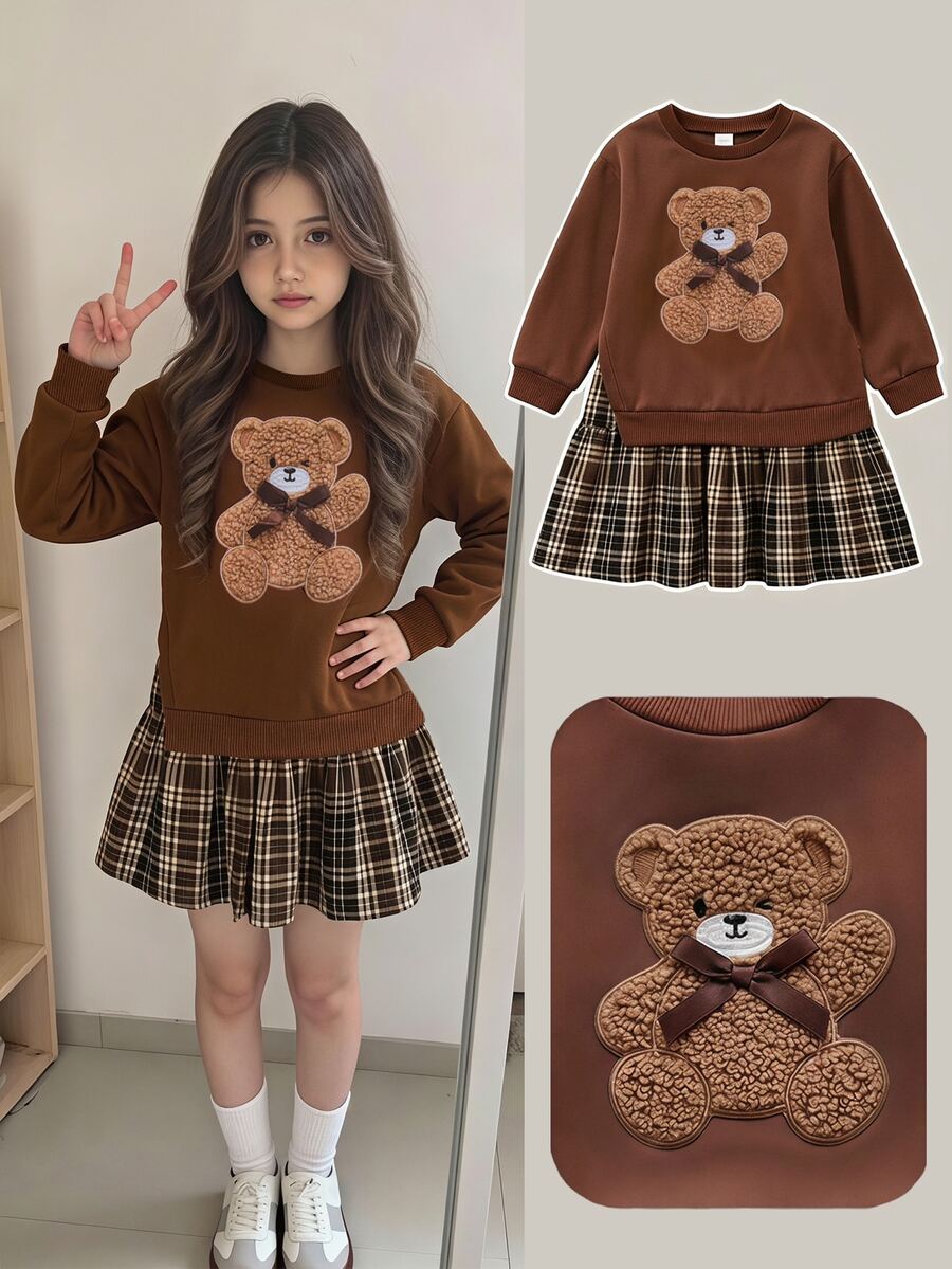 SHEIN Elladie kids Tween女孩2合1甜美學院風套裝,棕色泰迪熊蝴蝶結拼接印花衛衣與格紋百褶迷你裙套裝,可愛格紋荷葉邊飾,復古開學秋/冬季穿搭,大學風 - 彩色 - 查看 1