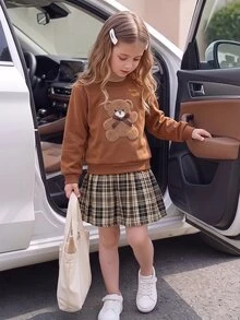 SHEIN Elladie kids Tween女孩2合1甜美學院風套裝，棕色泰迪熊蝴蝶結拼接印花衛衣與格紋百褶迷你裙套裝，可愛格紋荷葉邊飾，復古開學秋/冬季穿搭，大學風 - 彩色 - 查看 2