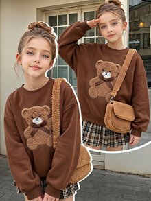 SHEIN Elladie kids Tween女孩2合1甜美學院風套裝，棕色泰迪熊蝴蝶結拼接印花衛衣與格紋百褶迷你裙套裝，可愛格紋荷葉邊飾，復古開學秋/冬季穿搭，大學風 - 彩色 - 查看 9