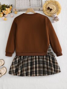 SHEIN Elladie kids Tween女孩2合1甜美學院風套裝，棕色泰迪熊蝴蝶結拼接印花衛衣與格紋百褶迷你裙套裝，可愛格紋荷葉邊飾，復古開學秋/冬季穿搭，大學風 - 彩色 - 查看 6