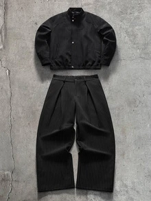 AXEPEAK Men's Striped Long Sleeve Jacket And Pants Casual Set - Black - View 2