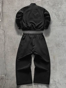 AXEPEAK Men's Striped Long Sleeve Jacket And Pants Casual Set - Black - View 3