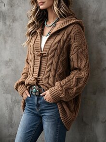 Louniche Vintage Hooded Cable Knit Toggle Cardigan, Casual Long Sleeve Sweater For Autumn - Brown - View 5