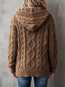 Louniche Vintage Hooded Cable Knit Toggle Cardigan, Casual Long Sleeve Sweater For Autumn - Brown - View 2