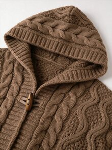 Louniche Vintage Hooded Cable Knit Toggle Cardigan, Casual Long Sleeve Sweater For Autumn - Brown - View 6
