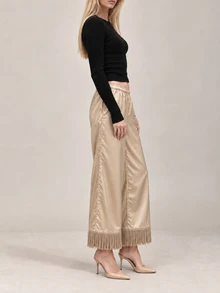 Zerodot Women Champagne Satin Wide Leg Fringe Pants Elegant Party Going Out Fall Pre Fall - Khaki - View 4