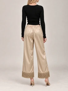 Zerodot Women Champagne Satin Wide Leg Fringe Pants Elegant Party Going Out Fall Pre Fall - Khaki - View 2