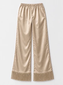 Zerodot Women Champagne Satin Wide Leg Fringe Pants Elegant Party Going Out Fall Pre Fall - Khaki - View 5