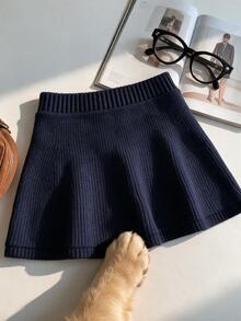 INAWLY Women's Solid Color Casual Preppy Versatile Daily Wear Knitted Mini Skirt Everyday School Navy Blue Autumn - Blue - View 1