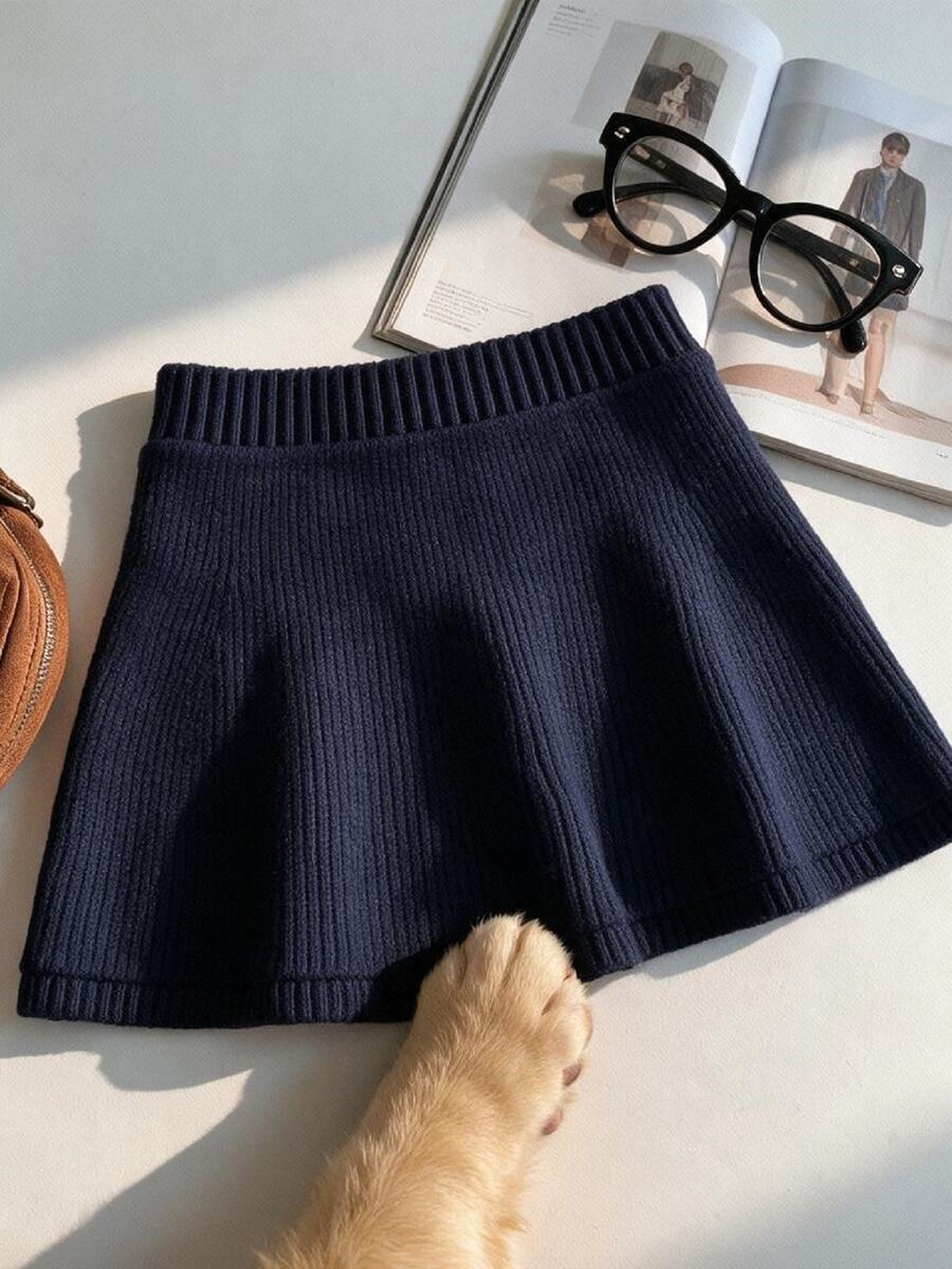 INAWLY Women's Solid Color Casual Preppy Versatile Daily Wear Knitted Mini Skirt Everyday School Navy Blue Autumn - Blue - View 1
