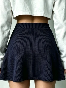 INAWLY Women's Solid Color Casual Preppy Versatile Daily Wear Knitted Mini Skirt Everyday School Navy Blue Autumn - Blue - View 2