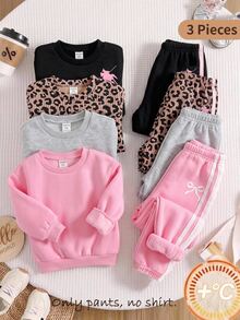 LMoss Kids Setelan 3 Potong Celana Panjang Kasual Rajut Polos Motif Leopard untuk Bayi Perempuan, Cocok untuk Musim Gugur/Dingin, Kombinasi Multi-Potongan, Patchwork Webbing, Modis & Nyaman, Lapisan Termal - MultiWarna - View 1