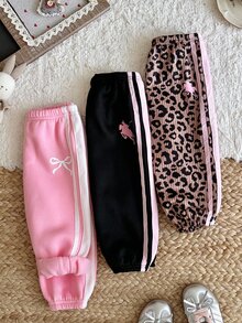 LMoss Kids Setelan 3 Potong Celana Panjang Kasual Rajut Polos Motif Leopard untuk Bayi Perempuan, Cocok untuk Musim Gugur/Dingin, Kombinasi Multi-Potongan, Patchwork Webbing, Modis & Nyaman, Lapisan Termal - MultiWarna - View 5