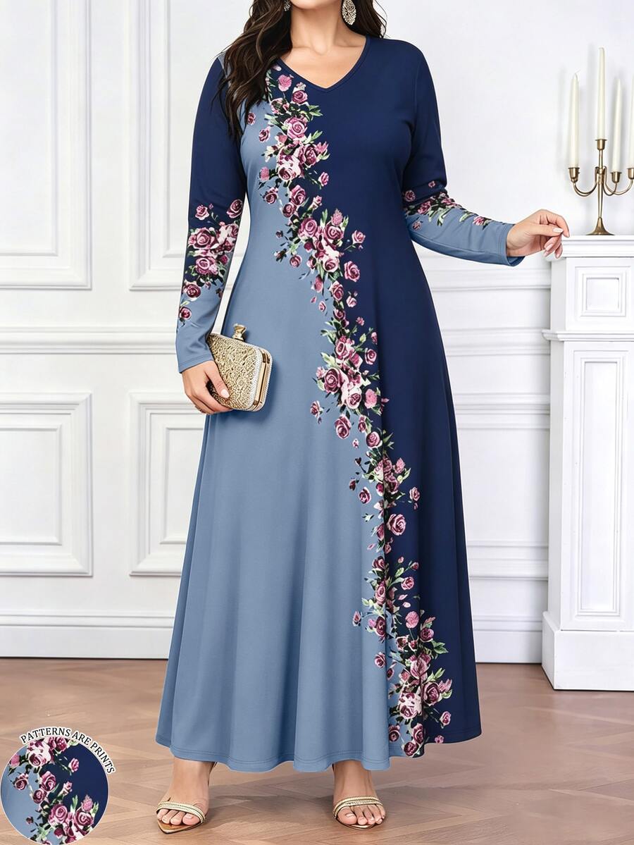 Lacomfia Plus Size Women Floral Print V-Neck Long Sleeve Elegant Dress - Multicolor - View 1