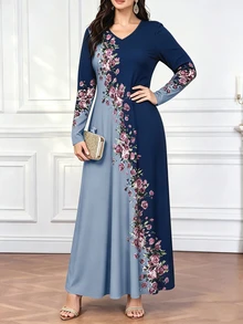 Lacomfia Plus Size Women Floral Print V-Neck Long Sleeve Elegant Dress - Multicolor - View 6