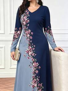 Lacomfia Plus Size Women Floral Print V-Neck Long Sleeve Elegant Dress - Multicolor - View 3