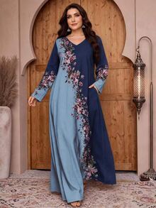 Lacomfia Plus Size Women Floral Print V-Neck Long Sleeve Elegant Dress - Multicolor - View 4