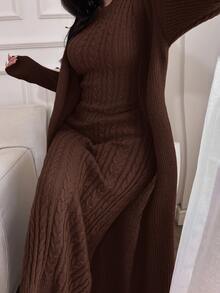 Feyla 2pcs/Set Women Elegant Solid Color Stand Collar Cable Sleeveless Dress And Long Sleeve Cardigan Set 2 Pieces Set In Fall/Winter - Brown - View 3