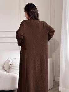 Feyla 2pcs/Set Women Elegant Solid Color Stand Collar Cable Sleeveless Dress And Long Sleeve Cardigan Set 2 Pieces Set In Fall/Winter - Brown - View 7