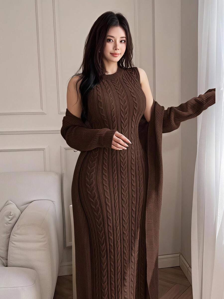 Feyla 2pcs/Set Women Elegant Solid Color Stand Collar Cable Sleeveless Dress And Long Sleeve Cardigan Set 2 Pieces Set In Fall/Winter