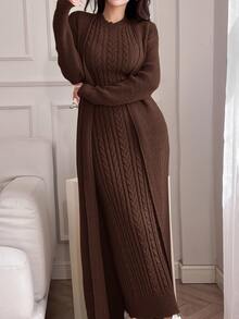 Feyla 2pcs/Set Women Elegant Solid Color Stand Collar Cable Sleeveless Dress And Long Sleeve Cardigan Set 2 Pieces Set In Fall/Winter - Brown - View 4